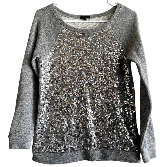 J. Crew Collection Sequin Raglan Pullover Sweatshirt 100% Cotton Gray XS - Picture 2 of 5